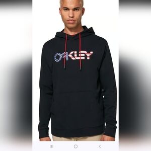 Oakley Men's Black Hoodie with Red White and Blue Logo